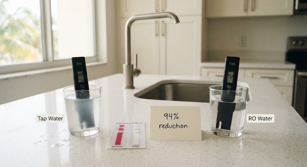 TDS meter and chlorine test strip comparison before and after under-sink reverse osmosis filtration showing 94% reduction in dissolved solids in Miami tap water.