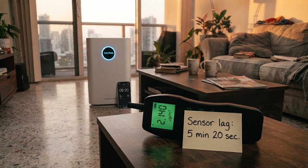  Particle counter reading 2,140 µg/m³ while a popular 4.7-star air purifier remains in blue Auto mode after 5 minutes, demonstrating sensor lag in real-world testing.