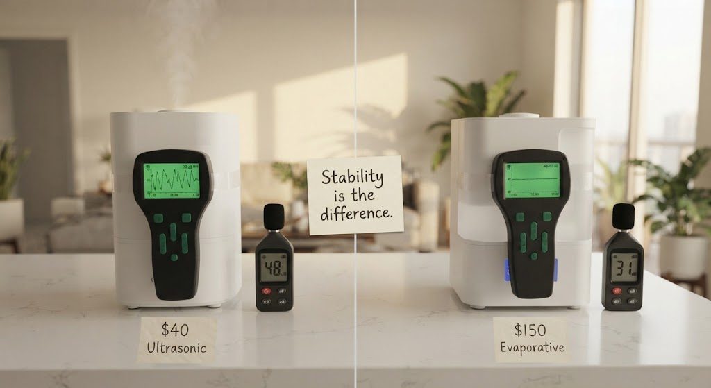 Side-by-side comparison of budget $40 and premium $150 humidifiers with humidity logger graphs showing stability difference and decibel meter readings of 48 dB vs 31 dB.