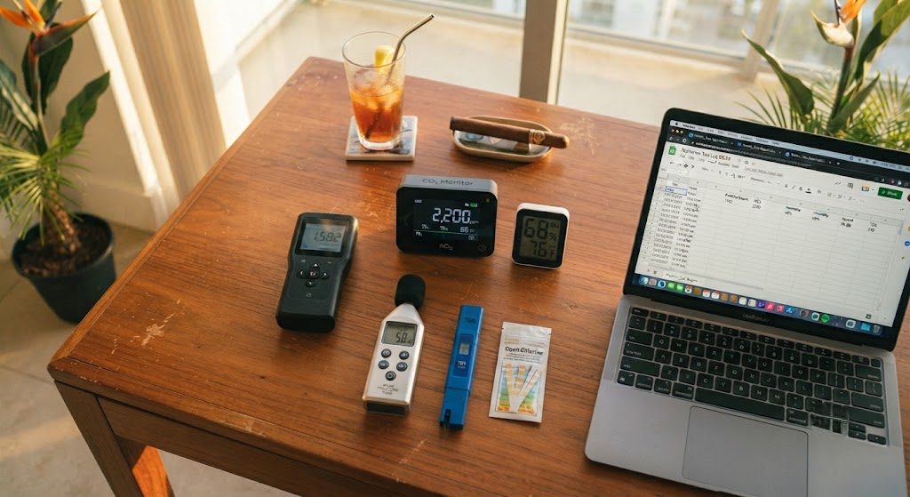 Cole Reyes' home appliance testing bench at Breath & Tap Home testing bench with particle counter, CO₂ monitor, humidity logger, sound level meter, and water quality tools used by Cole Reyes for air purifier and appliance reviews in Miami.