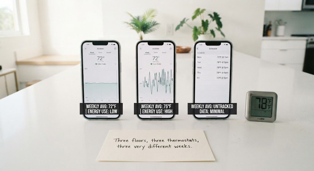 Three smartphones showing thermostat app data from EcoStat, SmartTemp, and ChillSense models after a three-week Miami summer test, highlighting temperature stability and energy use differences.