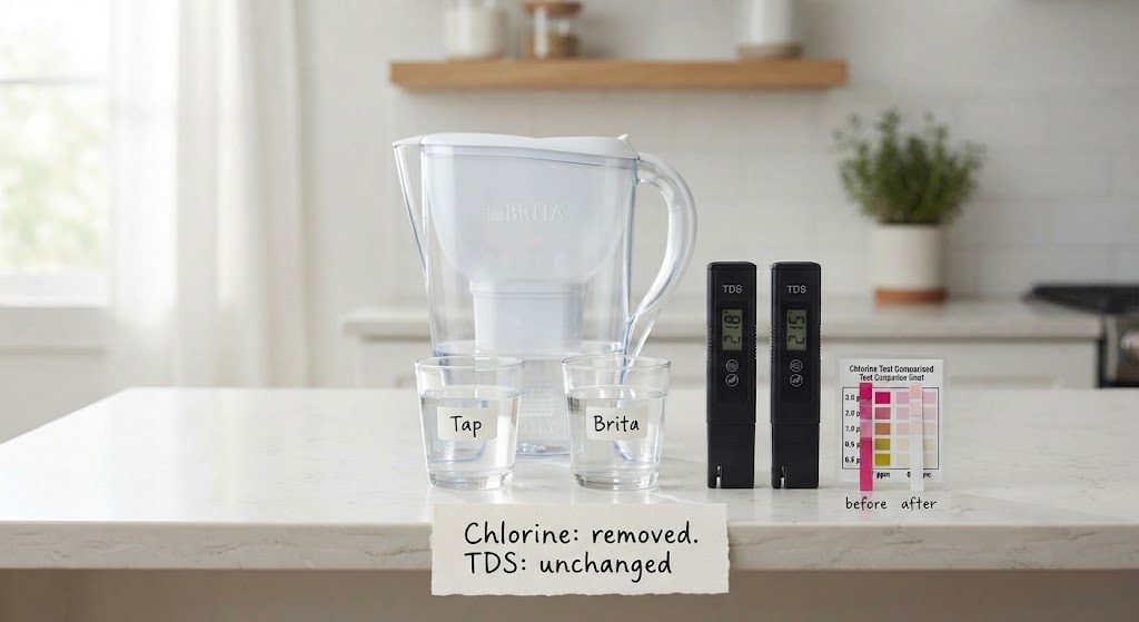 Brita filter test results TDS and chlorine Miami tap water Breath & Tap Brita pitcher water test showing TDS meter readings nearly identical before and after filtration, while chlorine test strips show significant reduction, proving Brita removes chlorine but not dissolved solids.