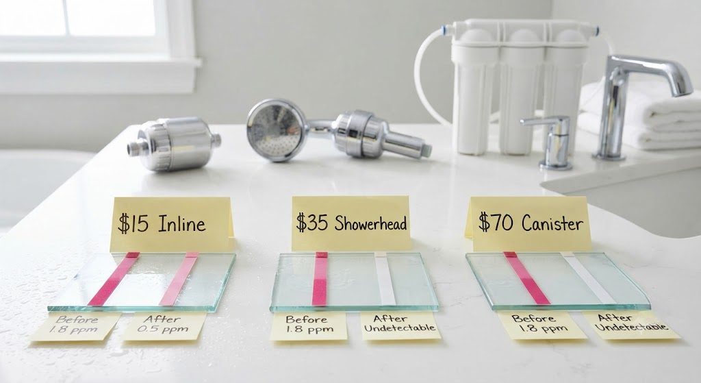 Shower filter chlorine test results comparison Breath & Tap Miami Side-by-side chlorine test strip results for three shower filters showing free chlorine reduction from 1.8 ppm to 0.5 ppm and undetectable levels, with filters visible behind.