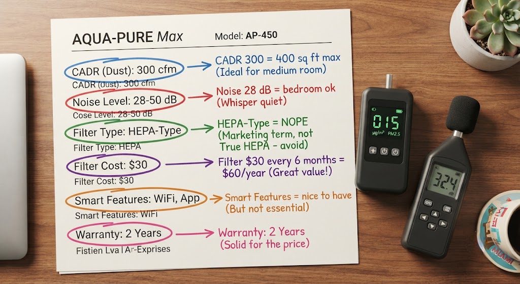 Annotated air purifier spec sheet highlighting the six most important specs: CADR, ACH, noise levels, filter type, replacement cost, and power draw, with handwritten notes explaining what each number actually means.