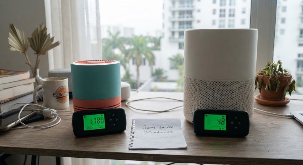  Comparison of viral mini desktop purifier and genuine HEPA desktop purifier after 30-minute smoke test, particle counter reads 1,780 vs 48, proving the viral unit ineffective.