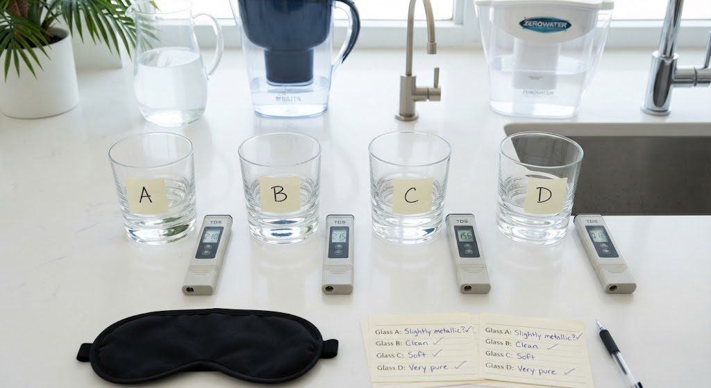 Blind taste test setup with four unmarked water glasses and TDS meters showing 218, 215, 156, and 12 ppm, representing tap, Brita, carbon block, and reverse osmosis water samples.