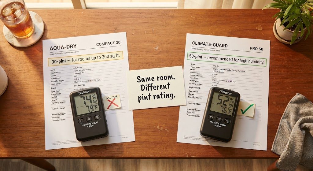 Dehumidifier pint rating comparison humidity results Breath & Tap Miami Comparison of 30-pint and 50-pint dehumidifiers showing final humidity readings of 74% vs 52% in the same Miami room, demonstrating why pint rating matters in humid climates.