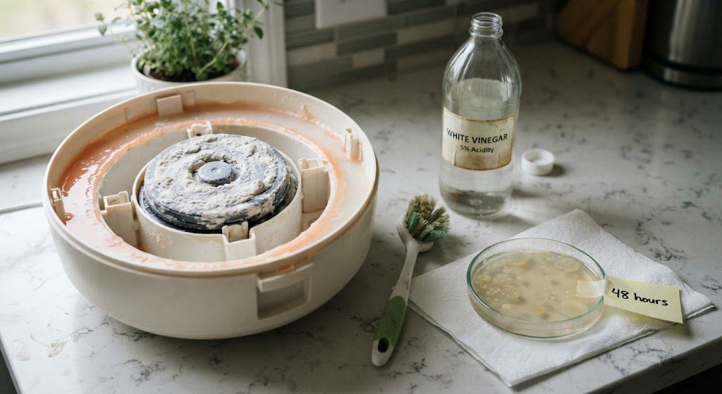 Ultrasonic humidifier biofilm and mineral buildup after one week without cleaning Breath & Tap Humidifier water reservoir with visible biofilm and mineral scale on the transducer plate, next to a petri dish showing bacterial colonies after 48 hours of culture.