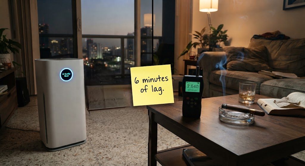  Premium air purifier displaying "Good" air quality while a particle counter shows 2,640 µg/m³ of smoke particles after a cigar test, demonstrating Auto mode sensor lag.