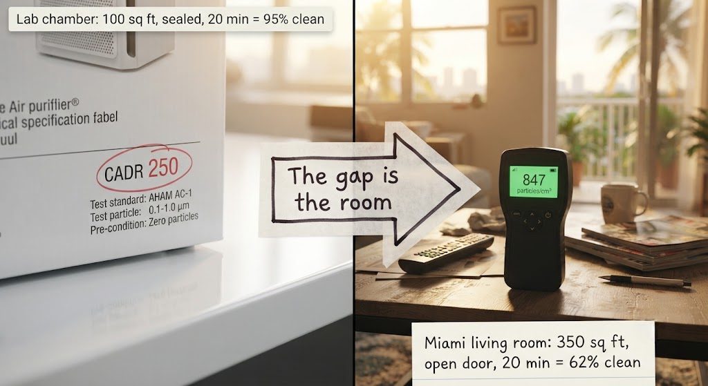 Comparison of CADR lab test conditions versus real-world Miami living room test results, showing the performance gap in air purifier cleaning speed.