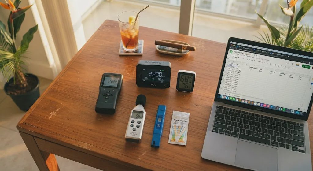 Home testing bench with particle counter, CO₂ monitor, humidity logger, sound level meter, and water quality tools used by Cole Reyes for air purifier and appliance reviews in Miami.