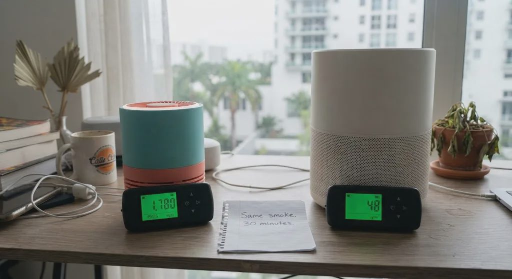  Comparison of viral mini desktop purifier and genuine HEPA desktop purifier after 30-minute smoke test, particle counter reads 1,780 vs 48, proving the viral unit ineffective.