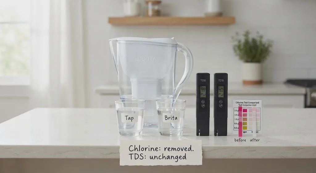 Brita pitcher water test showing TDS meter readings nearly identical before and after filtration, while chlorine test strips show significant reduction, proving Brita removes chlorine but not dissolved solids.
